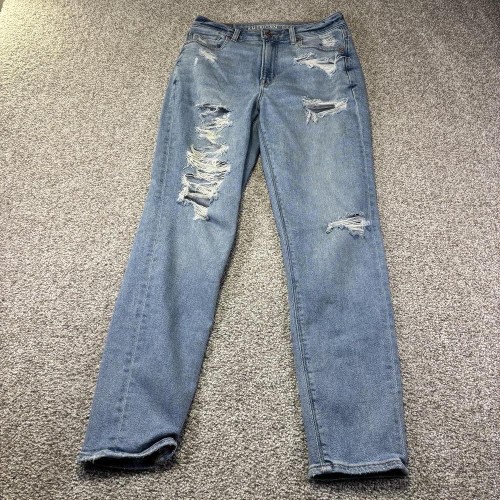 American Eagle Mom Jeans Womens 2 Blue Light Wash High Rise Distressed Denim